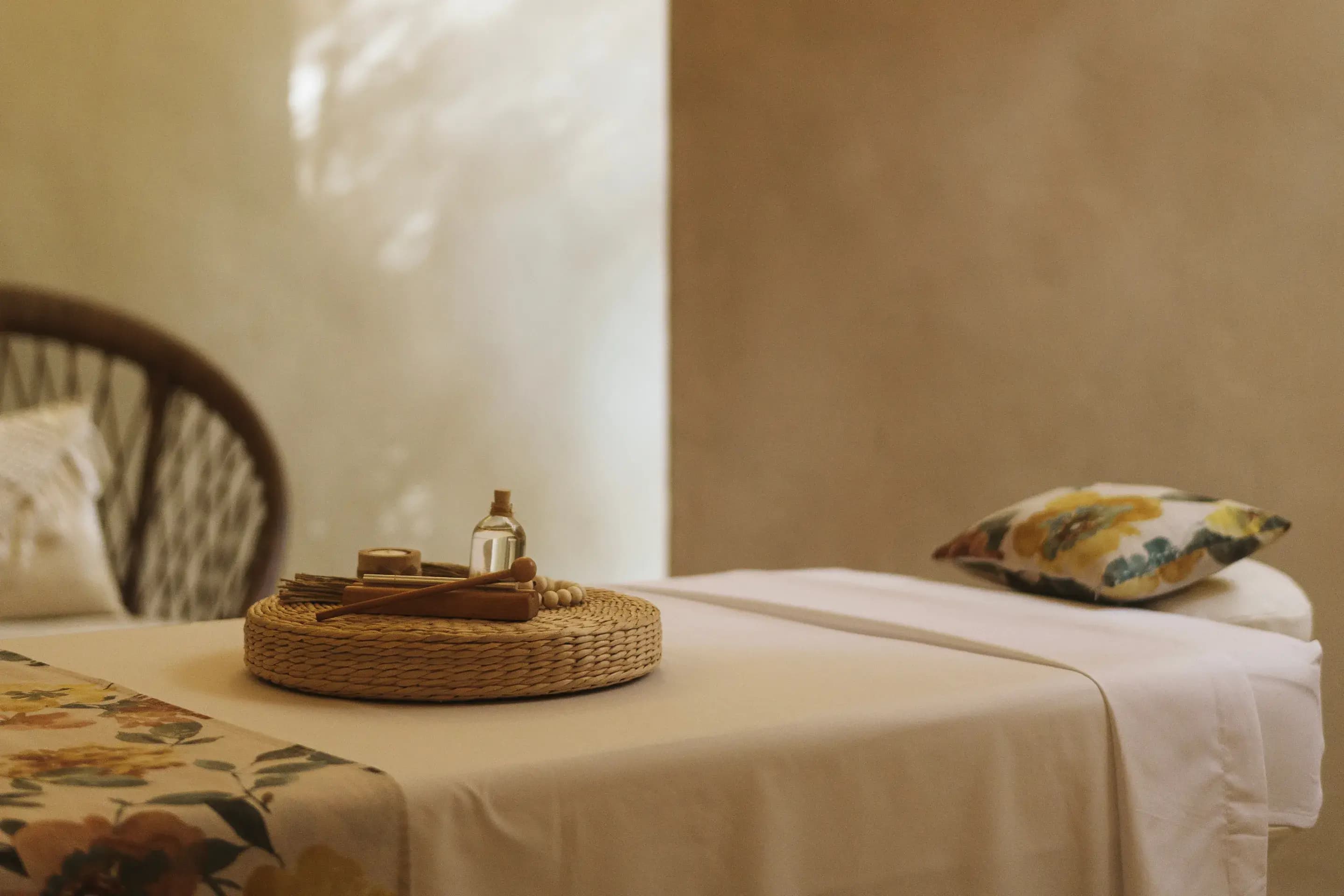 Massage table with oils and aromatherapy accessories