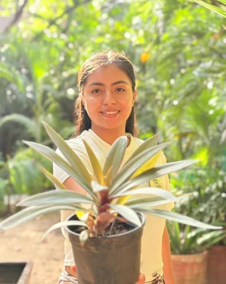 Colaboradora sonriente sosteniendo una planta recién sembrada